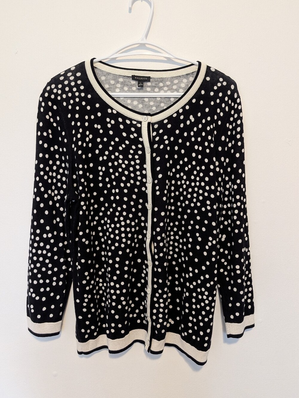 Talbots Cotton Rayon Polka Dot Button Down Cardigan Sweater Black White L